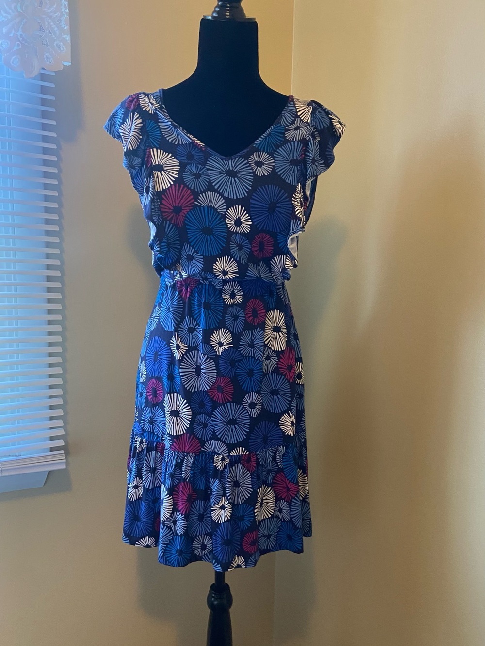 LOFT Blue Floral Midi Dress with White and Magenta Accents